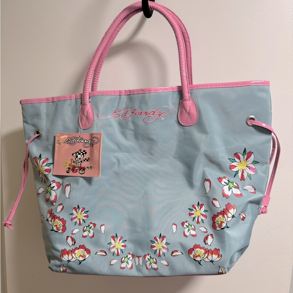 Ed Hardy Blue and Pink Floral Tote Bag Vintage NWT